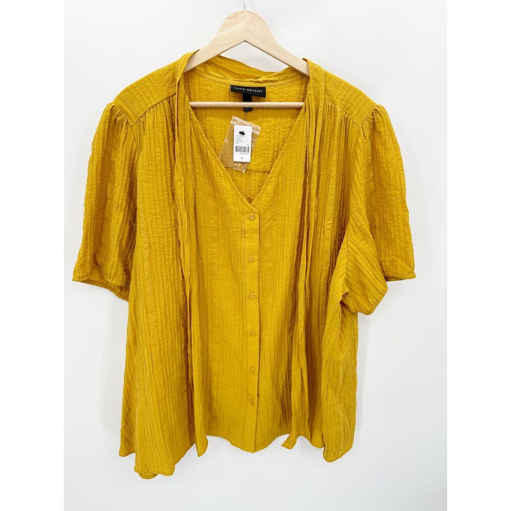 Lane Bryant Womens Yellow Tie‎ Neck Button Front Blouse Top Size 26 NWT Career